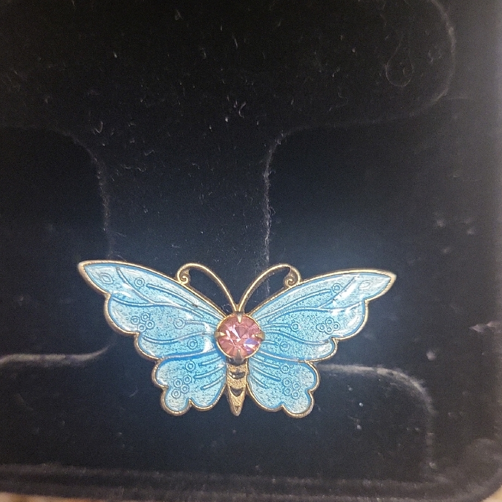 Blue and Gold Butterfly Brooch with Intricate Detailing